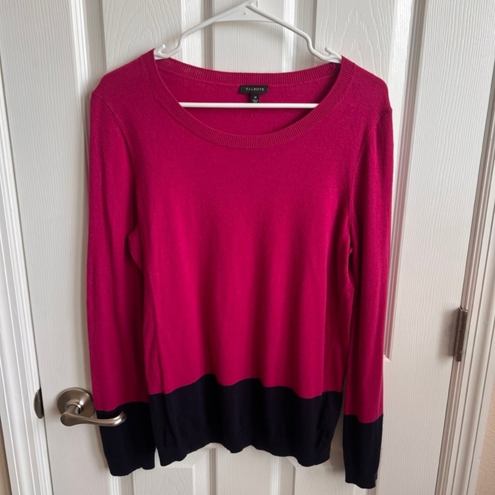 Talbots Color Block Sweater Crew Neck Pullover Knit Top Fuchsia Navy M